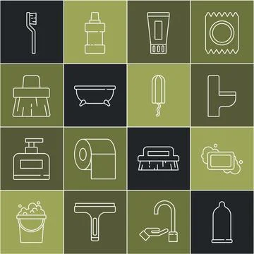 Set line Condom, Bar of soap, Toilet bowl, Tube toothpaste, Bathtub, Handle Stock-Illustration