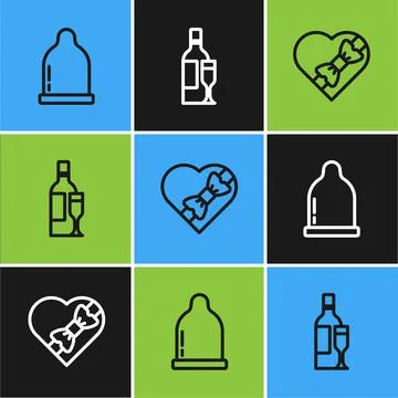 Set line Condom, Candy in heart shaped box and Champagne bottle icon. Vector Stock-Illustration