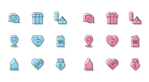 Set line Condom, Candy in heart shaped box, Heart speech bubble, Castle the of Stock-Illustration