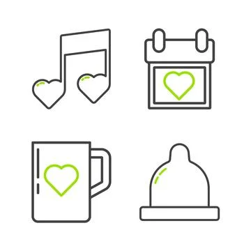 Set line Condom, Coffee cup and heart, Calendar with and Music note, tone hearts Stock-Illustration