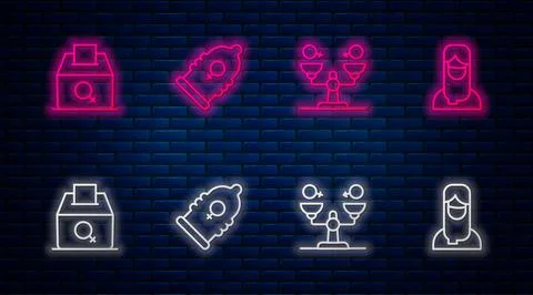 Set line Condom, Gender equality, Female vote right and Muslim woman in hijab Stock-Illustration