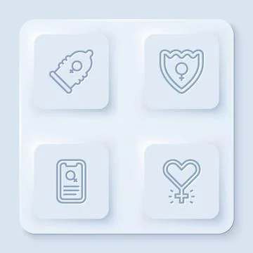 Set line Condom, Gender shield, Female, Dating app and Feminism. White square Stock Illustration