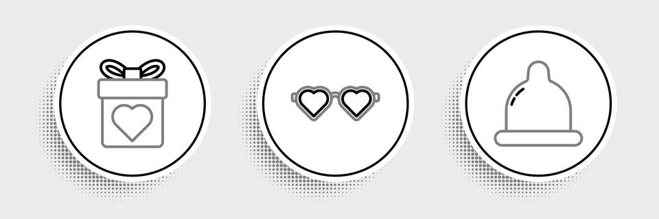 Set line Condom, Gift box with heart and Heart shaped love glasses icon. Vector Stock-Illustration