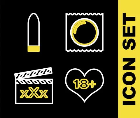 Set line Condom in package, 18 plus content heart, Movie clapper with Sex and Stock-Illustration