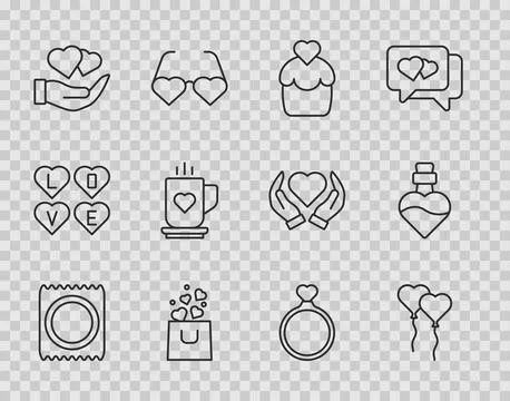 Set line Condom in package, Balloons form of heart, Wedding cake, Shopping bag Stock-Illustration