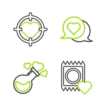 Set line Condom in package, Bottle with love potion, Heart speech bubble and the Stock-Illustration