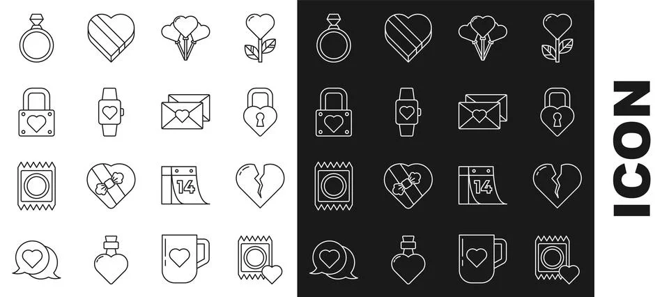 Set line Condom in package, Broken heart or divorce, Castle the shape of Stock-Illustration