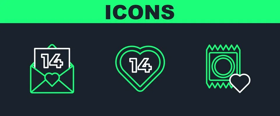 Set line Condom in package, Envelope with Valentine heart and Heart icon. Vector Stock-Illustration