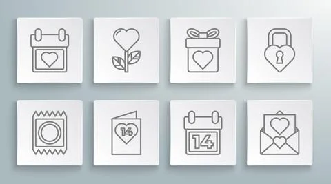 Set line Condom in package, Heart shape flower, Valentines day flyer with heart Stock-Illustration