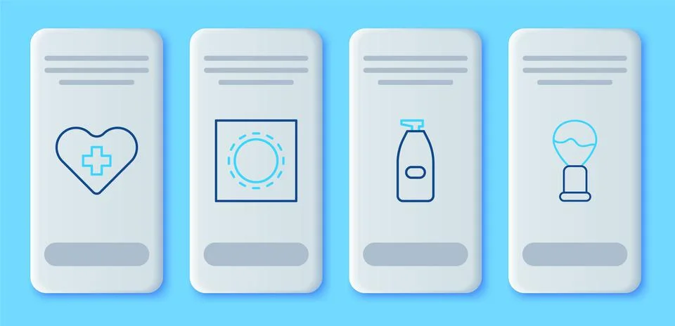Set line Condom in package safe sex, Bottle of liquid antibacterial soap, Heart Stock Illustration