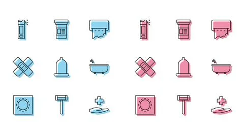 Set line Condom in package safe sex, Shaving razor, Bottle with nozzle spra.. Stock-Illustration