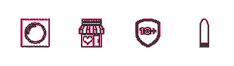 Set line Condom in package, Shield with 18 plus, Sex shop building and Dildo Ilustración de archivo