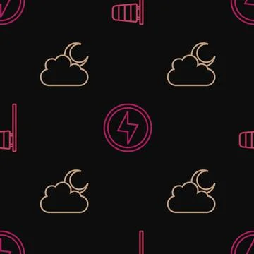 Set line Cone windsock wind vane, Cloud with moon and Lightning bolt on seamless イラスト素材