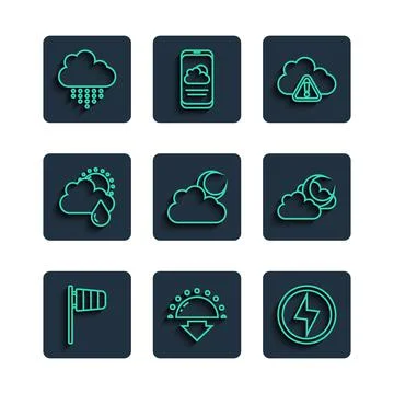 Set line Cone windsock wind vane, Sunset, Lightning bolt, Storm warning, Cloud Stock Illustration