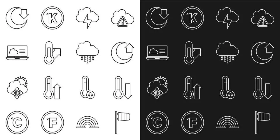 Set line Cone windsock wind vane, Meteorology thermometer, Moon, Storm, Weather Stock Illustration