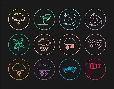 Set line Cone windsock wind vane, Storm, Tornado, Cloud with snow and rain Stock Illustration