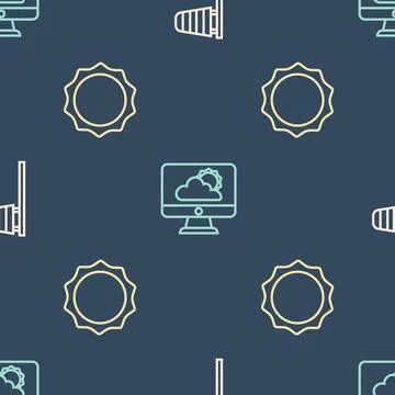 Set line Cone windsock wind vane, Sun and Weather forecast on seamless pattern Stock Illustration