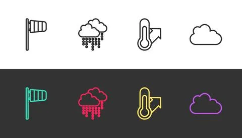 Set line Cone windsock wind vane, Cloud with rain, Meteorology thermometer and Stock Illustration