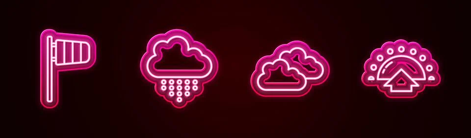 Set line Cone windsock wind vane, Cloud with rain, and Sunrise. Glowing neon  Stock Illustration