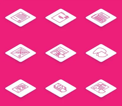 Set line Confirmed document and check mark, Personal folder, Fax machine, Del Stockillustratie