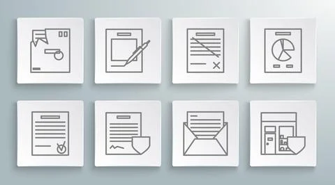 Set line Confirmed document and check mark, Blank notebook pen, Contract with Stock Illustration