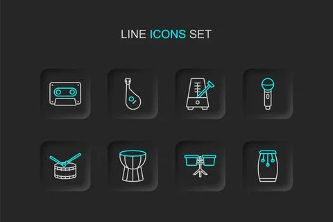 Set line Conga drums Bongo African darbuka Drum with sticks Microphone Metron Illustrazione stock