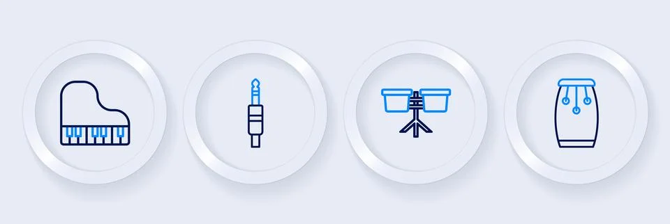 Set line Conga drums, Bongo, Audio jack and Grand piano icon. Vector Stock Illustration
