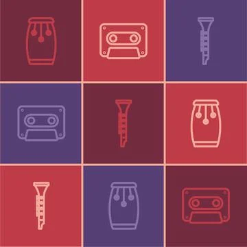 Set line Conga drums, Clarinet and Retro audio cassette tape icon. Vector Stock Illustration