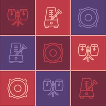 Set line Conga drums, Stereo speaker and Metronome with pendulum icon. Vector Stock Illustration