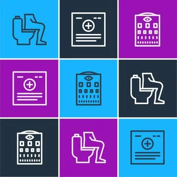 Set line Constipation, Eye test chart and Clinical record icon. Vector Stock Illustration