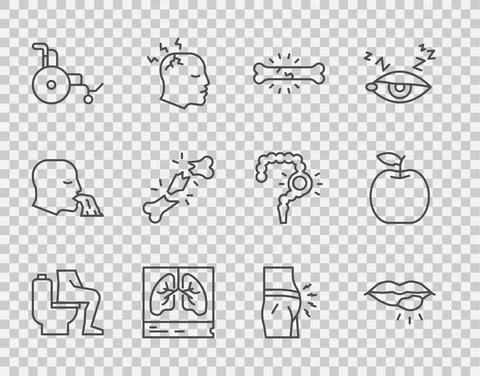 Set line Constipation, Herpes lip, Bone pain, Lungs x-ray, Wheelchair, Human Illustrazione stock