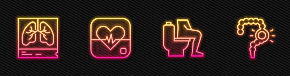 Set line Constipation, Lungs x-ray, Heart rate and Gut constipation. Glowing 스톡 일러스트