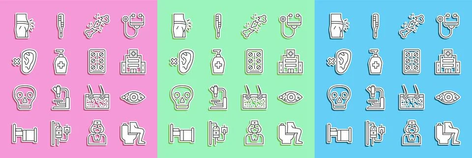 Set line Constipation, Reddish eye, Medical hospital building, Human broken bone イラスト素材