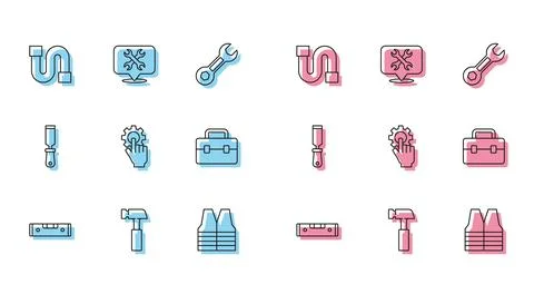 Set line Construction bubble level, Hammer, Industry pipe, Safety vest, Setti Stock Illustration