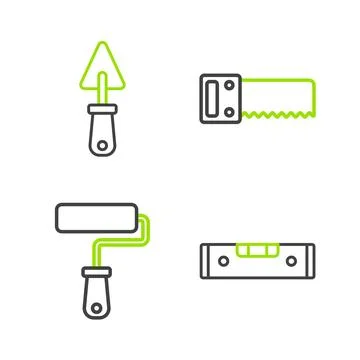 Set line Construction bubble level, Paint roller brush, Hand saw and Trowel icon Stock Illustration