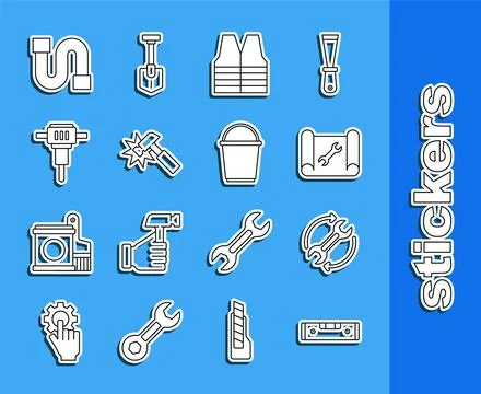 Set line Construction bubble level, Wrench and arrows as workflow, Graphing.. Stock Illustration