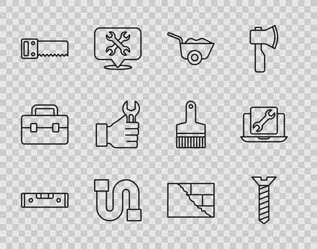 Set line Construction bubble level, Metallic screw, Wheelbarrow, Industry p.. Stock Illustration