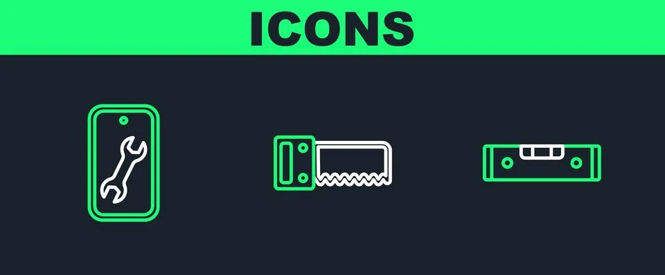 Set line Construction bubble level, Mobile service and Hand saw icon. Vector Stockillustratie