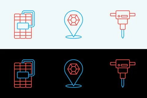 Set line Construction jackhammer, Dynamite and Gem stone icon. Vector Stock Illustration