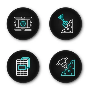 Set line Construction jackhammer, Dynamite, Shovel and stone and  icon. Vecto Stock Illustration