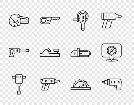 Set line Construction jackhammer, Electric cordless screwdriver, Angle grinder Stock Illustration