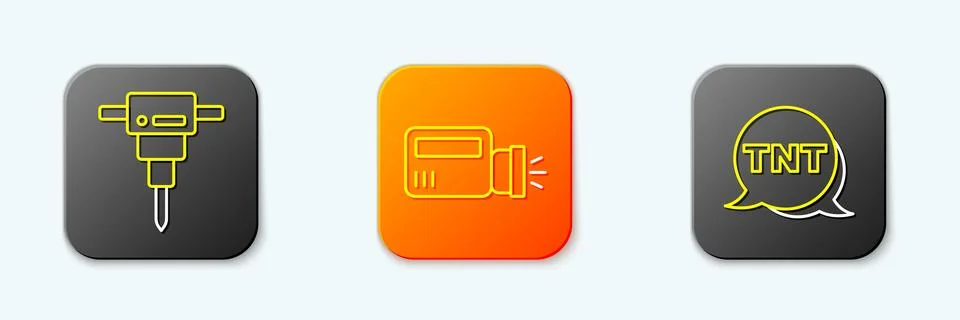 Set line Construction jackhammer, Flashlight and Dynamite icon. Vector Stock Illustration