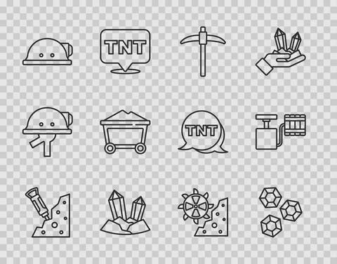 Set line Construction jackhammer, Gem stone, Pickaxe, Miner helmet, coal trolley Illustrazione stock