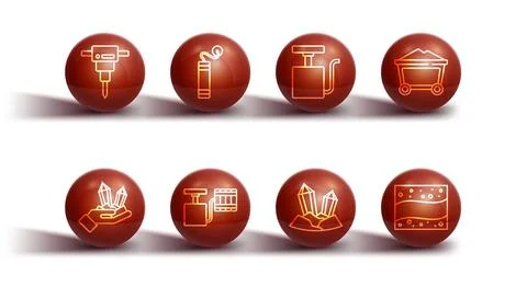 Set line Construction jackhammer, Gem stone, Mine coal trolley, Handle detonator Illustration