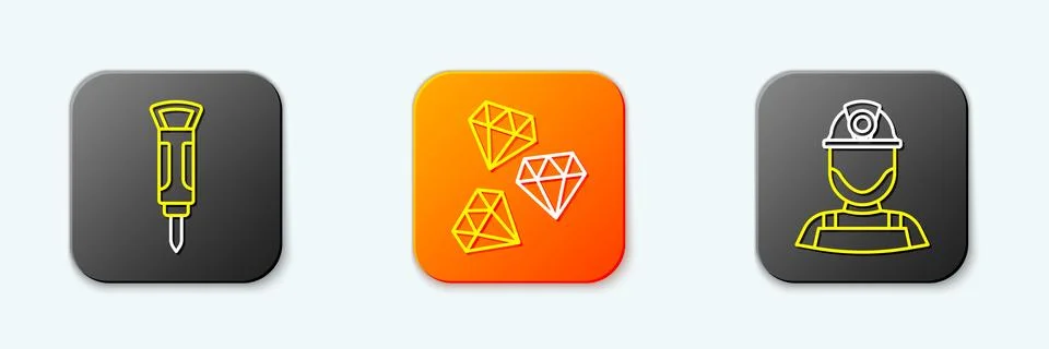 Set line Construction jackhammer, Gem stone and Miner in helmet icon. Vector Stock Illustration