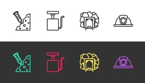 Set line Construction jackhammer, Handle detonator, Mine entrance and Miner.. Illustration