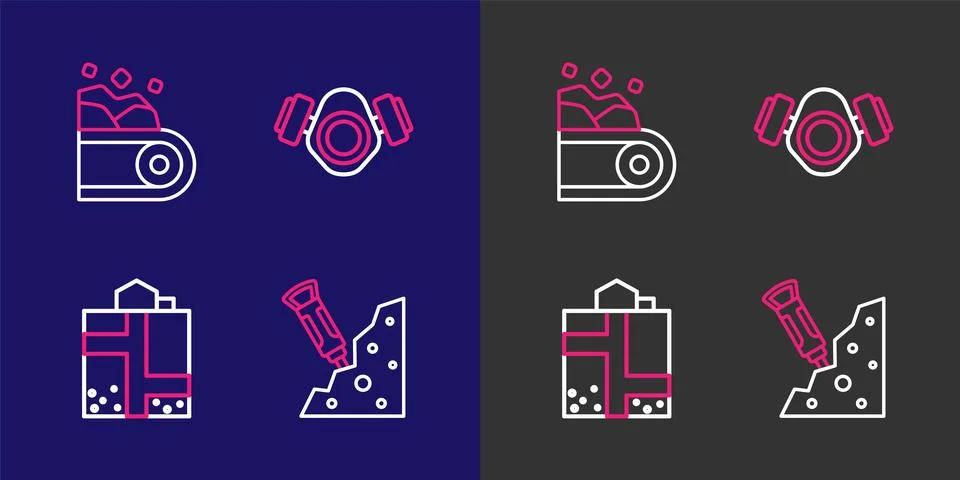 Set line Construction jackhammer, Mine entrance, Gas mask and Conveyor belt.. Stock Illustration