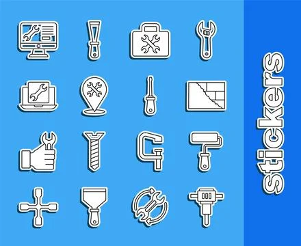 Set line Construction jackhammer, Paint roller brush, Bricks, Toolbox, Location Stock Illustration