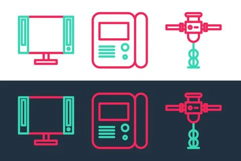 Set line Construction jackhammer, Smart Tv and House intercom system icon Illustrazione stock