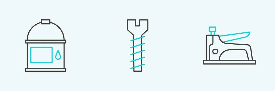 Set line Construction stapler, Paint bucket and Metallic screw icon. Vector Stock Illustration
